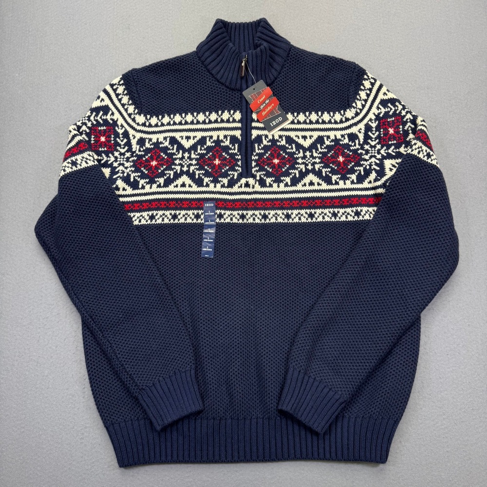 IZOD Mens Navy Blue Fair Isle Quarter Zip Pullover Sweater Large 45GS086 NEW